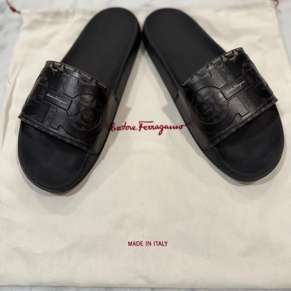 Salvatore Ferragamo Black Patterned Slide Sandals - Picture 2 of 7